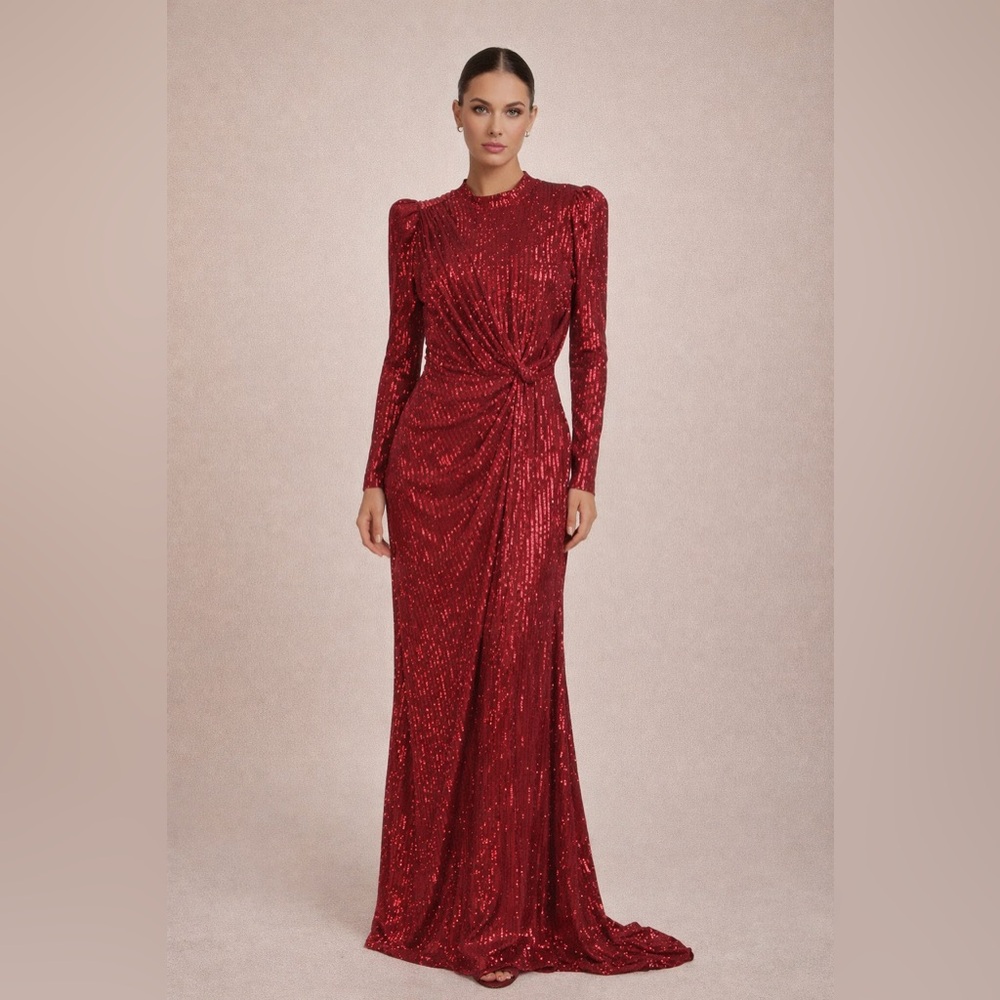 Glamorous Red Sequin Long Sleeve Gown